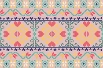 Vector seamless pixel art.Pixel mosaic texture with simple square particles.Ethnic geometric stitch pattern use for cloth,textile,wallpaper,cushion,carpet,quilt