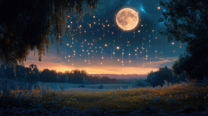Breathtaking scene of a large moon in the night sky with shooting stars creating a celestial display