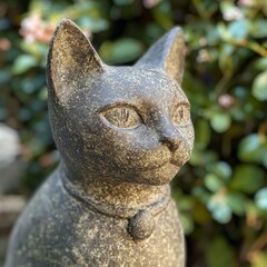 Elegant feline sculpture gazes serenely amidst lush greenery in a peaceful garden setting, evoking tranquility and artistic charm.