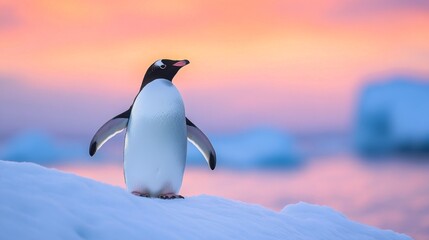 Fototapeta premium Adelie penguin stands on icy surface under colorful sunset sky in Antarctica