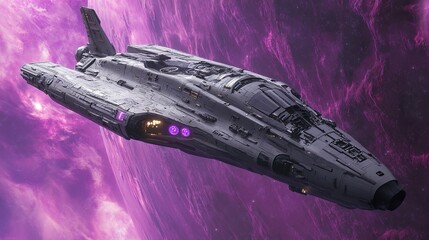 A large space vessel flying near a purple nebula in deep space