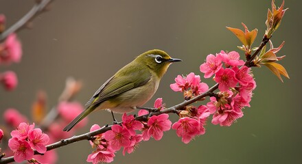 Obraz premium Japanese white-eye bird perched on a flowering branch, showcasing the beauty of nature, perfect for nature and bird photography enthusiasts and springtime-themed projects