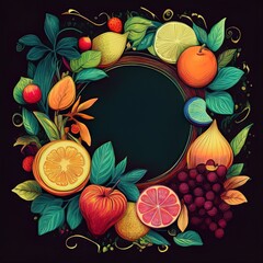 border frame of hand drawn fruits healthy concept background with copy space