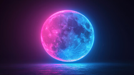 Fototapeta premium Vibrant neon pink and blue moon icon shining in night mode technology symbol on black background