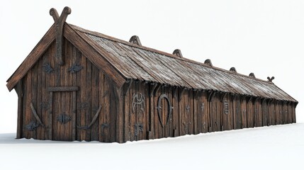 Traditional Nordic Longhouse with Rustic Wooden Structure and Detailed Roof Design