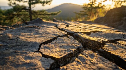 Vulcano rock landscape showcasing cracked terrain and sunset glow
