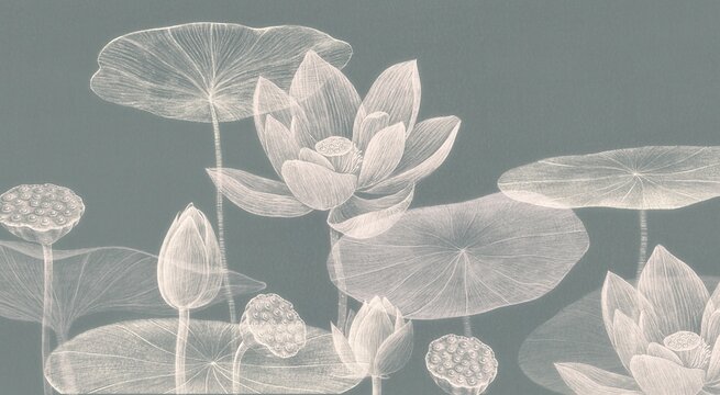 Lotus flower and leaf. nature art. drawing artwork. botanical background.	