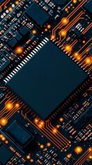 Fototapeta premium Close-Up View of Illuminated Microchip Technology Electronic Circuit High-Tech Environment Detailed Perspective Innovation Concept