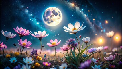 Fototapeta premium Spring Equinox Night Bloom: Vibrant Night Photography of Spring Flowers