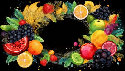 border frame of hand drawn fruits healthy concept background with copy space