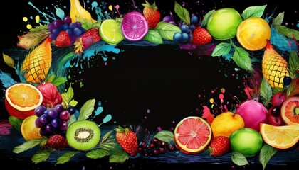 border frame of hand drawn fruits healthy concept background with copy space