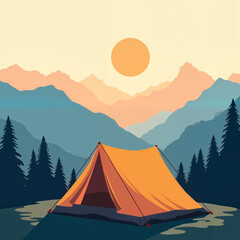 Camping tent at sunset in a picturesque mountain landscape  