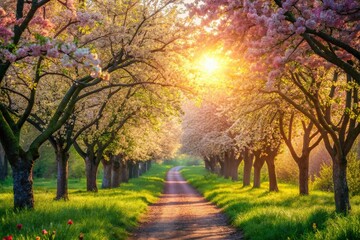 Spring Garden Path: Lush Trees and Blossoms, Rule of Thirds Composition