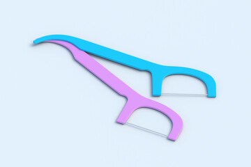 Two colorful toothpicks on light gray background. Dental floss stick. Interdental cleaner. Daily prevention hygiene. 3d render