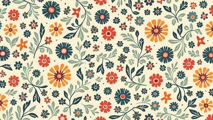 Obraz premium Nostalgic Spring Floral Seamless Pattern: Vintage Colors for Timeless Interior Design - Perfect for Photo Stock with Empty Space on the Left Side