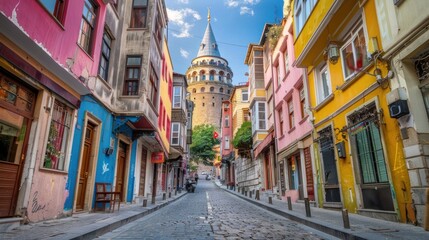 Obraz premium Vibrant streets and historic architecture in Istanbul Turkey, Galata Tower