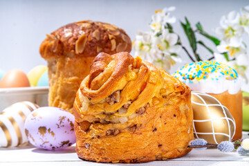 Easter background with Easter eggs and cake