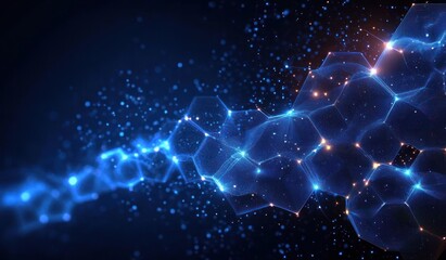Futuristic Digital Design with Glowing Hexagonal Patterns and Translucent Waves in Cyberpunk Style for Molecular and Genetic Engineering