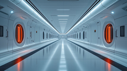 Obraz premium Futuristic Spaceship Corridor Long Bright Clean Sci Fi Interior Design