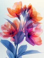 Elegant floral composition featuring translucent orange and pink blossoms with contrasting blue and purple foliage against a soft white background