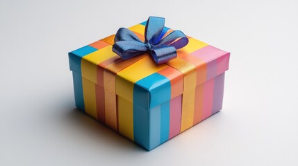 Colorful striped gift box with blue bow on white background