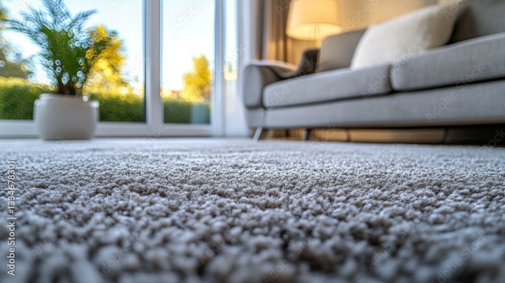 Poster warm sunlight filters through large windows, illuminating the soft carpet where a cozy sofa sits. a 