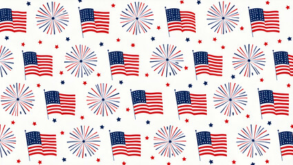 Obraz premium Flat Independence Day patriotic seamless tile pattern with flags fireworks stars and celebratory Americana concept as American flags fireworks and patriotic stars create a seamless pattern for Indepen