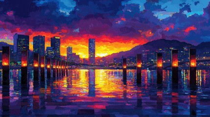 Fototapeta premium Vibrant Sunset over City Skyline and Reflections on Water in a Colorful Landscape