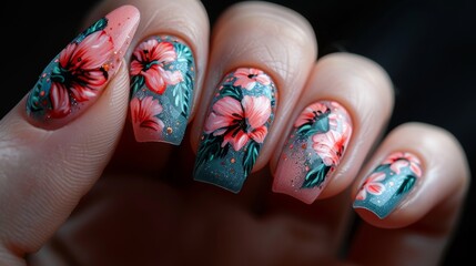 Elegant floral nail art design featuring delicate hand-painted pink flowers and sparkling accents for a sophisticated manicure look