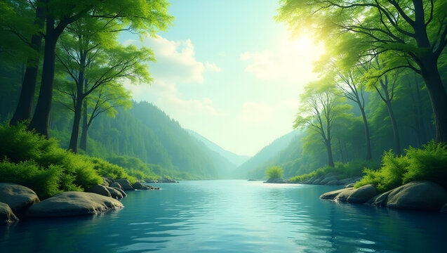 Green forest and river flow border frame with copy space for World Environment Day ecosystem protection concept as Green forest and river flow forming a border with copy space for ecosystem protection