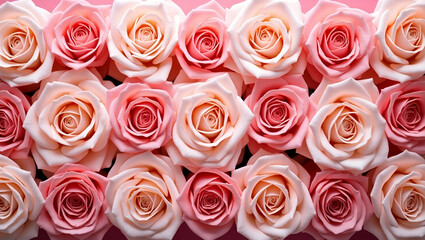 Fototapeta premium Stunning Top View of Natural Fresh Pink Roses Arranged in a Beautiful Pattern for Wallpaper - Perfect Floral Background with Empty Space on the Left for Text or Design