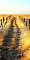 Obraz premium Dirt road winding through golden grass fields under a clear sky