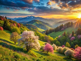 Obraz premium Spring Mountain Vista: Majestic Sunrise Over Rolling Hills and Blossoming Trees