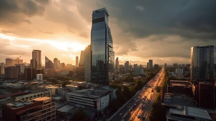 Obraz premium Aerial View of Bangkok Skyline with Skyscrapers and Mass Transit Bridge on Sathorn Road in Downtown