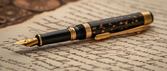 Elegant fountain pen with golden nib resting on an antique letter filled with delicate handwritten script, conveying sophistication and timeless correspondence.