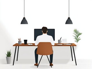 Stylish home office with modern desk, plant, and decorative lights, perfect for remote work and productivity.
