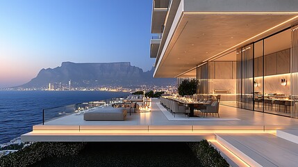 Obraz premium Modern penthouse patio overlooking city and mountain at sunset