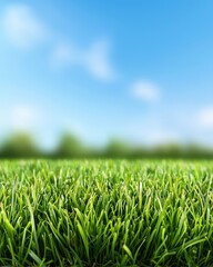 Fototapeta premium Vibrant green grass under a clear blue sky, symbolizing nature's beauty and freshness.