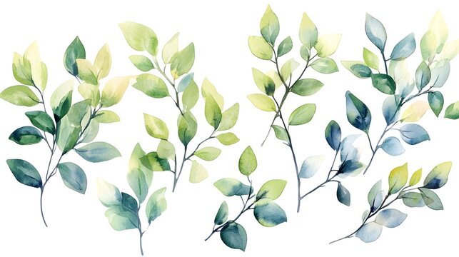 Several watercolor painted leafy branches arranged on white background