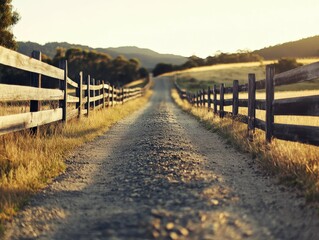Fototapeta premium Serene dirt road bordered by wooden fences in golden evening light