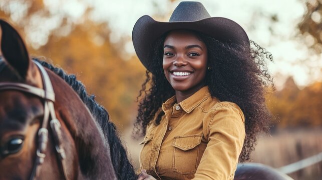 Smiling woman in a cowboy hat riding a horse amidst autumn foliage.