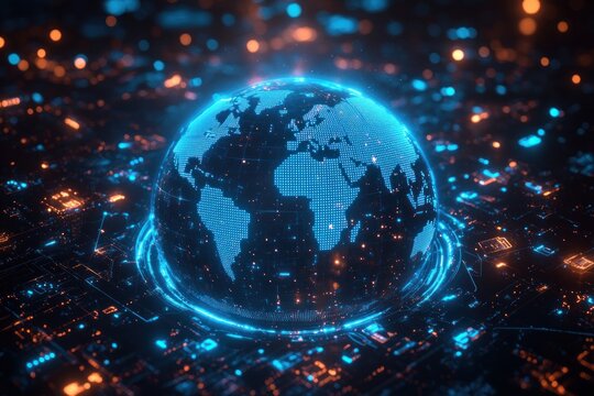 Futuristic Digital World Map with Global Connectivity and Geometric Patterns in High-Tech Style