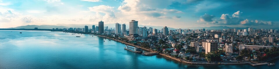 Obraz premium Aerial View of Metro Cebu: Urban Skyline and Harbor Panorama in the Heart of the Philippines