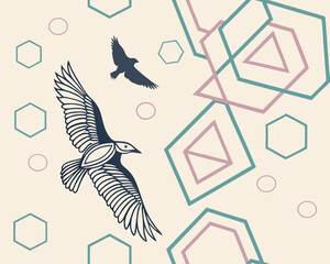 Abstract Geometric Background with Flying Birds. Seamless vector background featuring abstract flying birds combined with geometric shapes like hexagons, triangles, and circles.