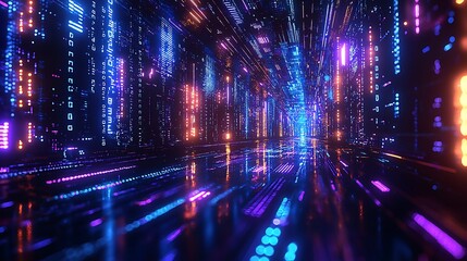 Obraz premium Abstract digital tunnel, neon lights, futuristic city, data stream. Background. Stock photo