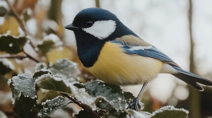 Obraz premium Great Tit on a Frosty Branch