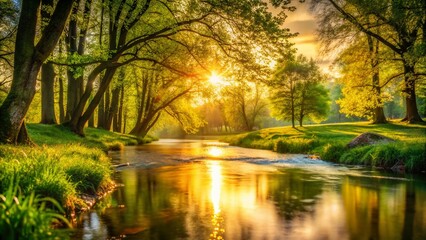 Obraz premium Spring Riverside Sunshine: Low Light Golden Hour Photography