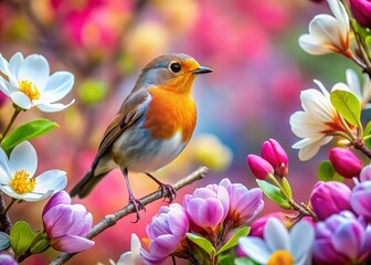 Spring Robin & Exotic Birds Amidst Blooming Magnolia Trees - High-Resolution Stock Photo