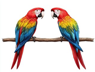 Two vibrant macaws perched on a branch, showcasing their vivid feathers and playful demeanor in a natural setting.