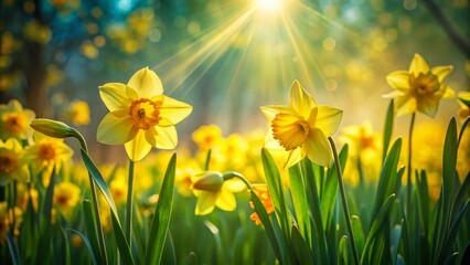 Fototapeta premium Spring Sunlight Dappled Daffodils: Double Exposure Stock Photo
